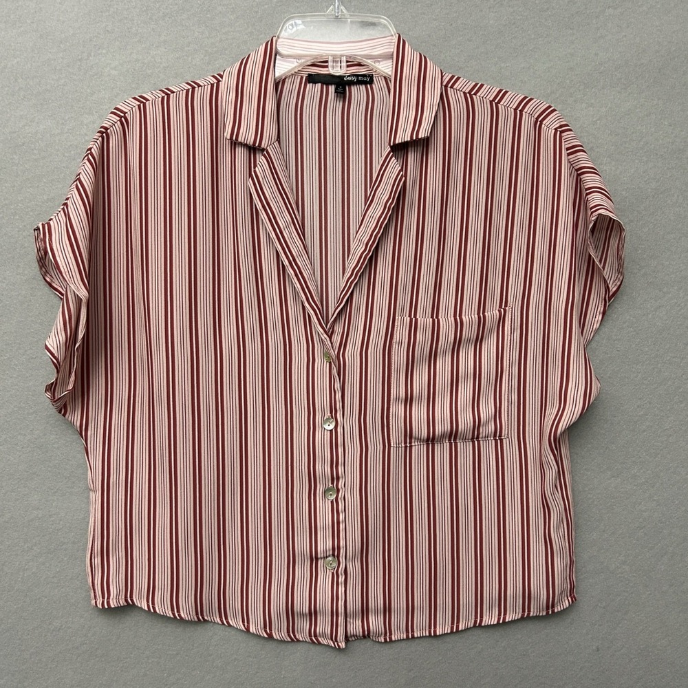 Daisy May Women Small Button Down Top Red Striped Short Sleeve T65121